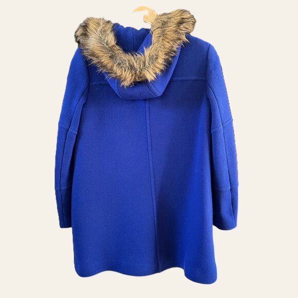 J.Crew Italian Stadium Cloth Wool Blend Hooded Coat Blue Faux Fur Trim Sz 8 - Picture 3 of 10
